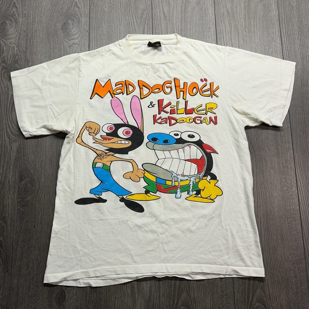 Vintage 1993 Ren Stimpy Mad Dog Hoek Killer Kadoogan Shirt Mens Large White USA